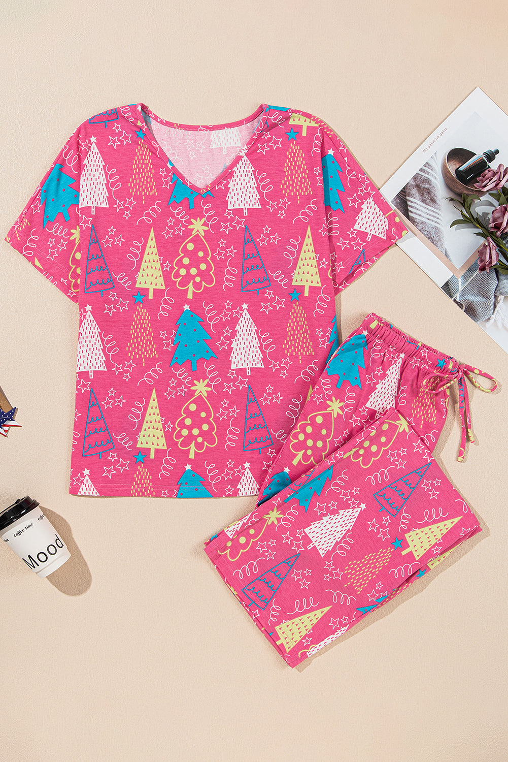 Green Christmas Tree Print V Neck Tee and Pants Pajama Set-Loungewear Set-[Adult]-[Female]-2022 Online Blue Zone Planet