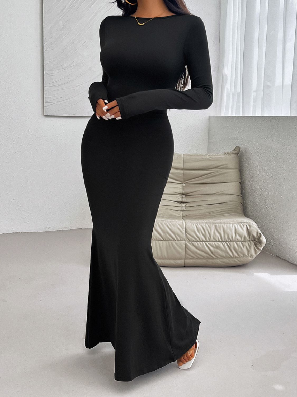 Devine Backless Round Neck Long Sleeve Maxi Dress-TOPS / DRESSES-[Adult]-[Female]-Black-S-2022 Online Blue Zone Planet