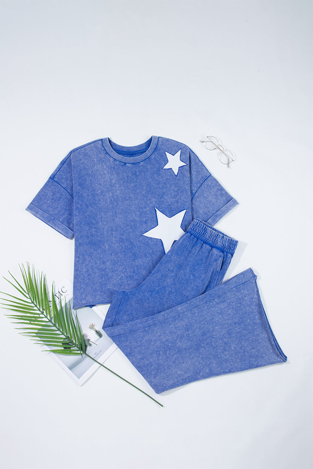 Ashleigh Blue Acid Wash Star Patched Rolled Trim Pants Set-Two Piece Sets/Pant Sets-[Adult]-[Female]-2022 Online Blue Zone Planet