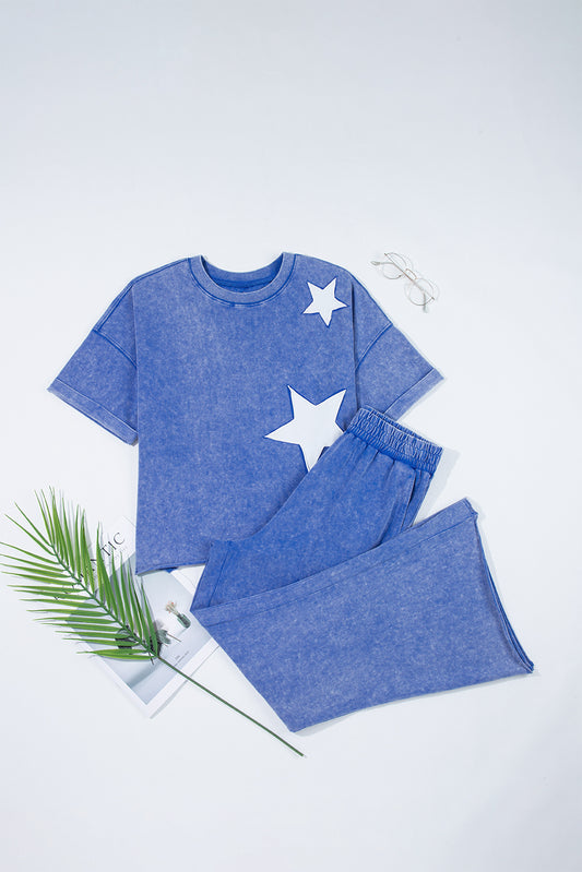 Ashleigh Blue Acid Wash Star Patched Rolled Trim Pants Set-Two Piece Sets/Pant Sets-[Adult]-[Female]-2022 Online Blue Zone Planet