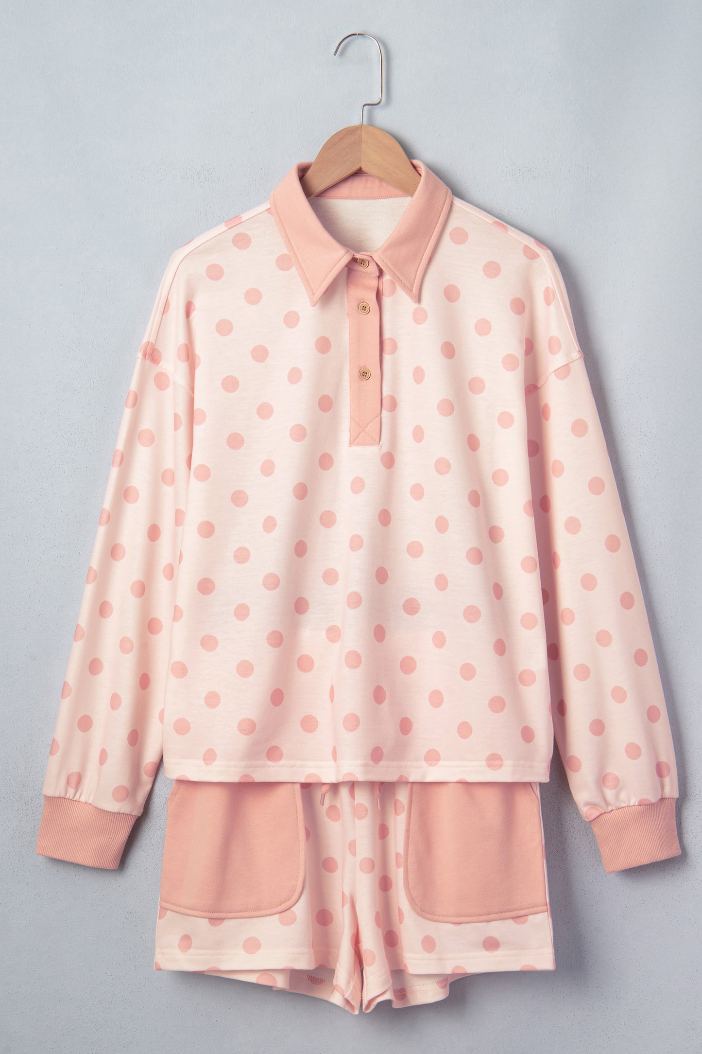Pink Polka Dot Drop Shoulder Polo Loose Pullover Patch Pocket Casual Shorts Set-Two Piece Sets/Short Sets-[Adult]-[Female]-2022 Online Blue Zone Planet