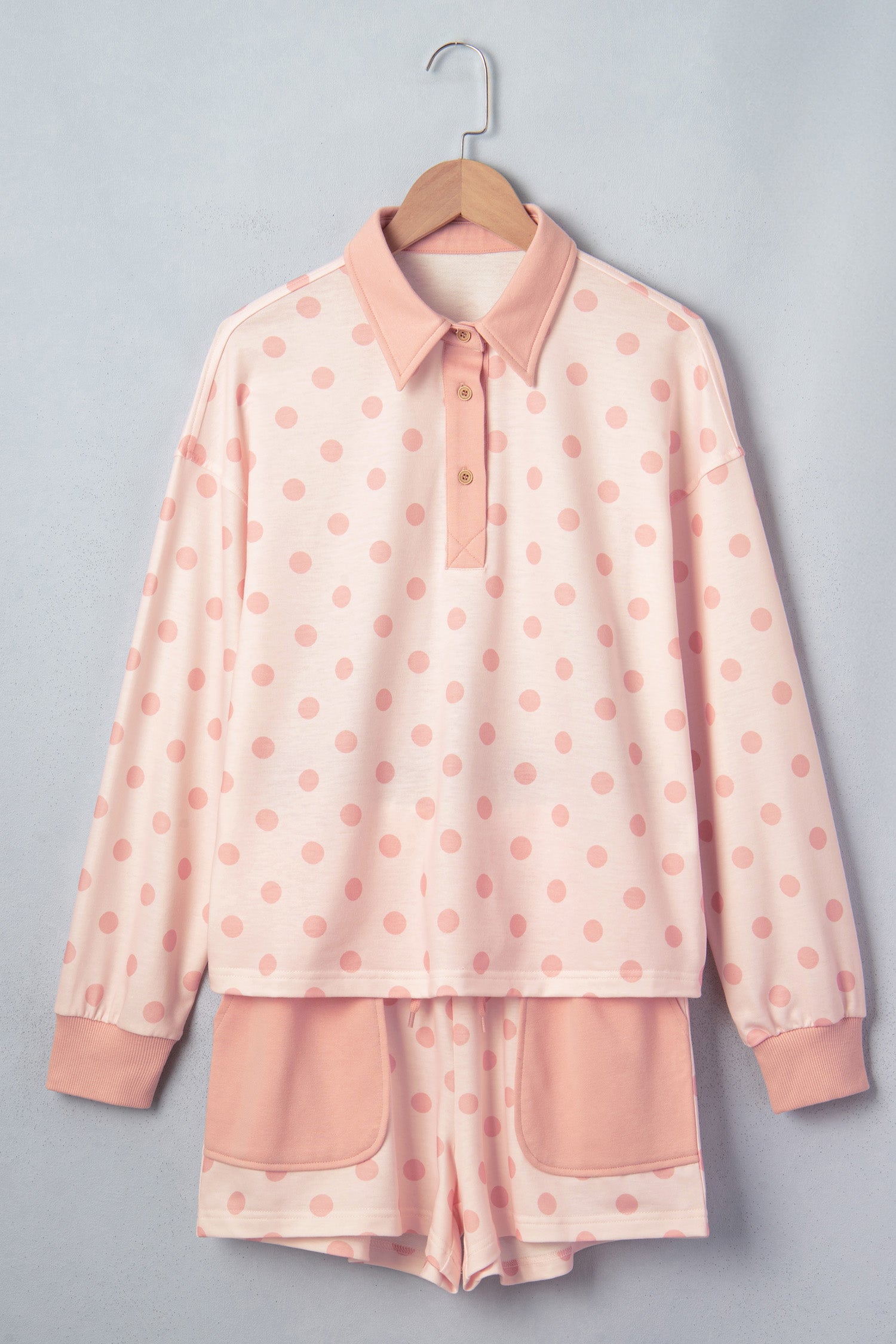 Pink Polka Dot Drop Shoulder Polo Loose Pullover Patch Pocket Casual Shorts Set-Two Piece Sets/Short Sets-[Adult]-[Female]-2022 Online Blue Zone Planet