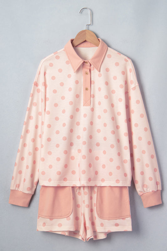 Pink Polka Dot Drop Shoulder Polo Loose Pullover Patch Pocket Casual Shorts Set-Two Piece Sets/Short Sets-[Adult]-[Female]-2022 Online Blue Zone Planet