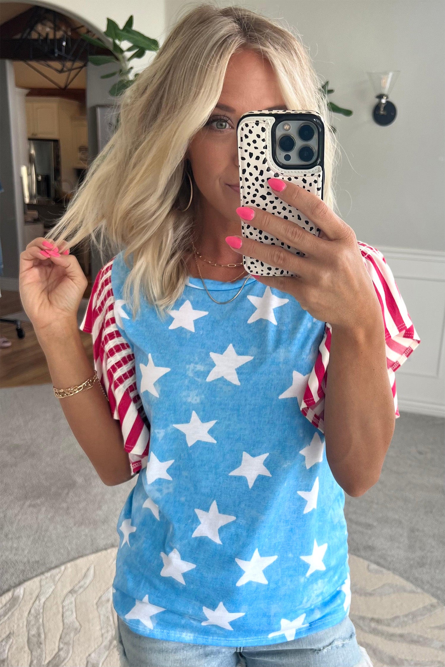 Sky Blue Vintage Star Print Striped Ruffle Sleeve Independence Day Top-Tops/Tops & Tees-[Adult]-[Female]-2022 Online Blue Zone Planet