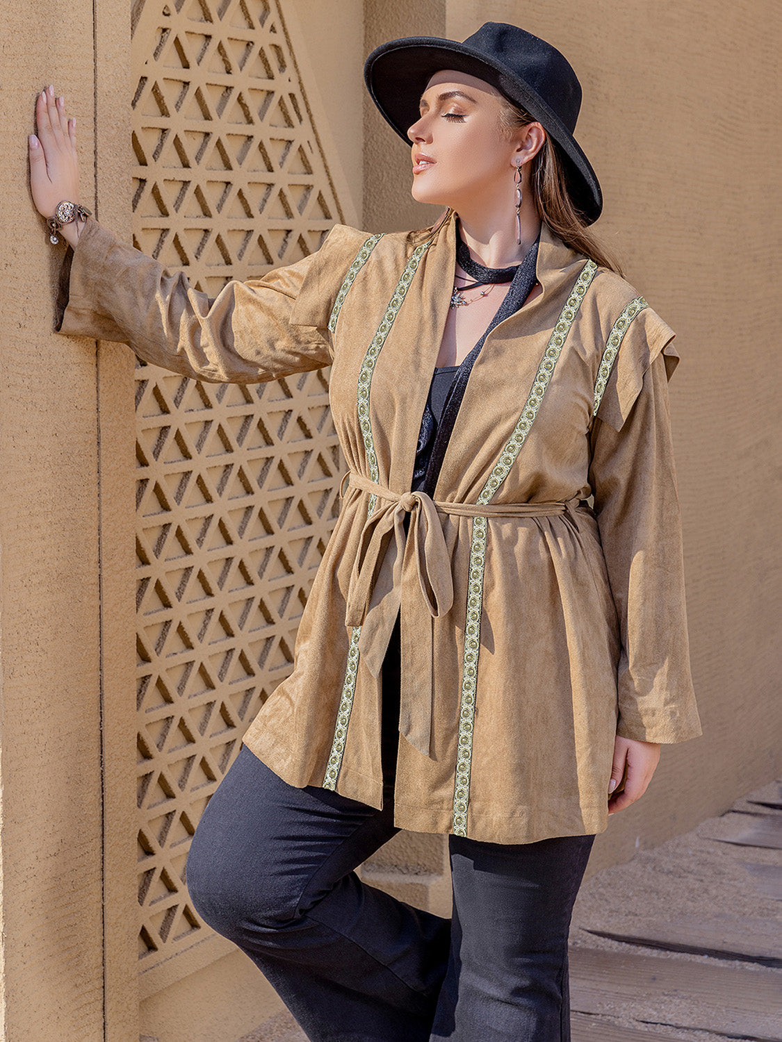 Plus Size Long Sleeve Tie Waist Cardigan-TOPS / DRESSES-[Adult]-[Female]-Camel-0XL-2022 Online Blue Zone Planet