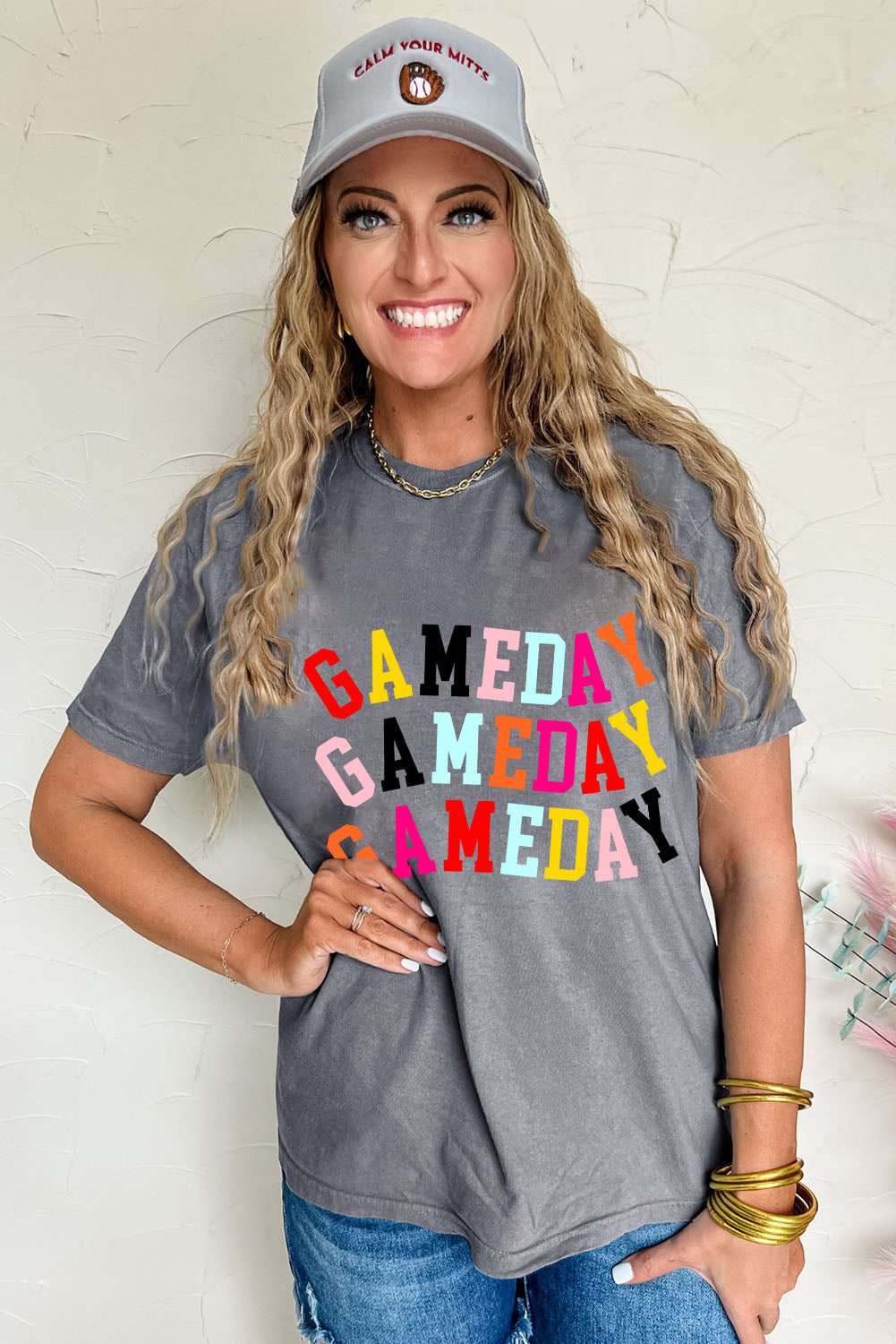 Gray Colorful GAME DAY Graphic Crew T Shirt-Graphic/Graphic Tees-[Adult]-[Female]-2022 Online Blue Zone Planet
