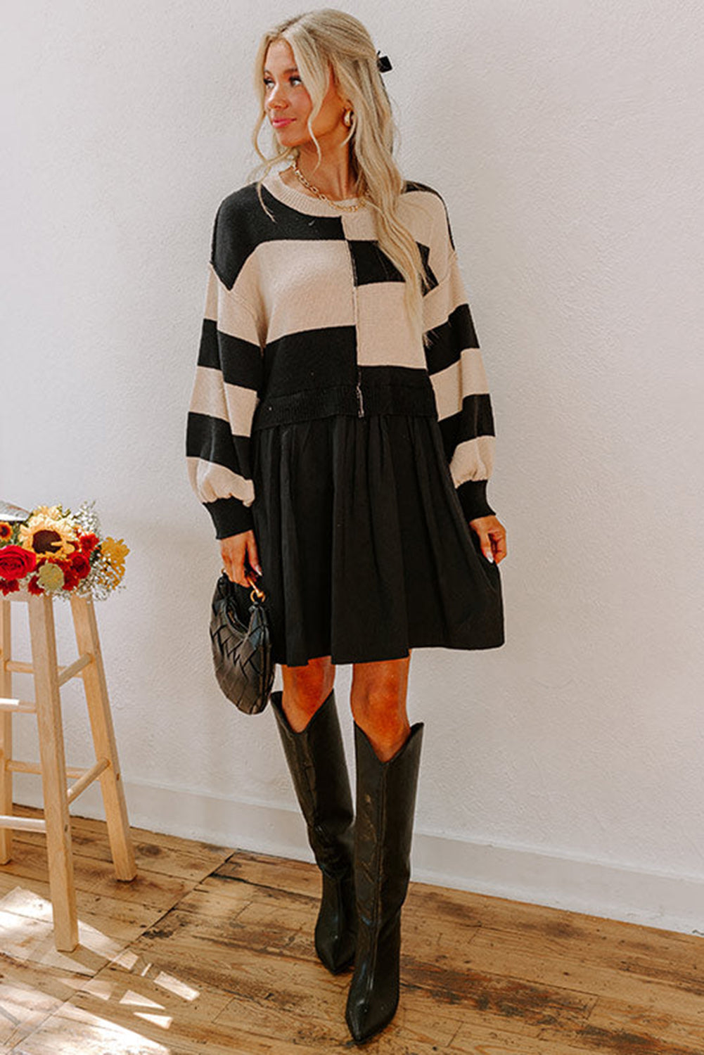 Black Stripe Two in One Knitted Top High Waist Splicing Hem Sweater Dress-TOPS / DRESSES-[Adult]-[Female]-2022 Online Blue Zone Planet