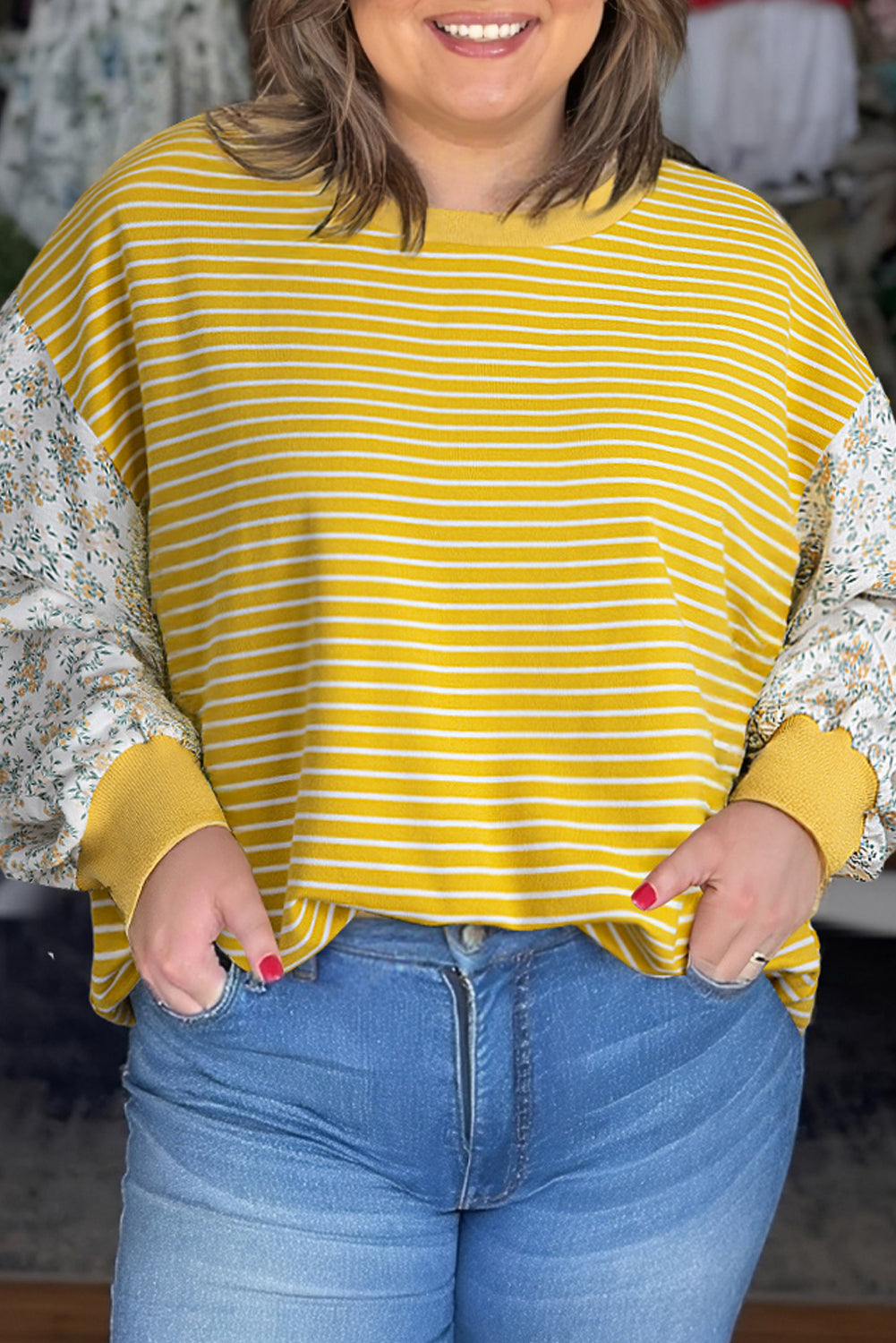 Yellow Stripe Striped Contrast Floral Sleeve Patchwork Plus Size Loose Top-Plus Size/Plus Size Tops/Plus Size Long Sleeve Tops-[Adult]-[Female]-Yellow Stripe-1X-2022 Online Blue Zone Planet