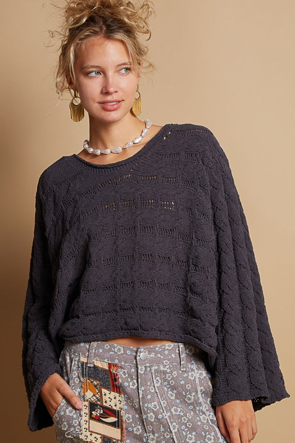 POL Round Neck Cable Knit Cropped Sweater-TOPS / DRESSES-[Adult]-[Female]-Charcoal-S-2022 Online Blue Zone Planet