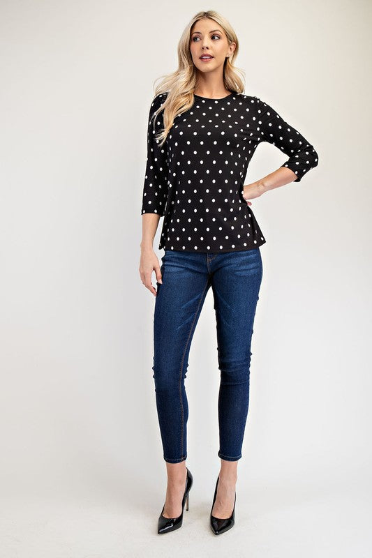 Celeste Full Size Polka Dot Round Neck Three-Quarter Sleeve T-Shirt-TOPS / DRESSES-[Adult]-[Female]-2022 Online Blue Zone Planet