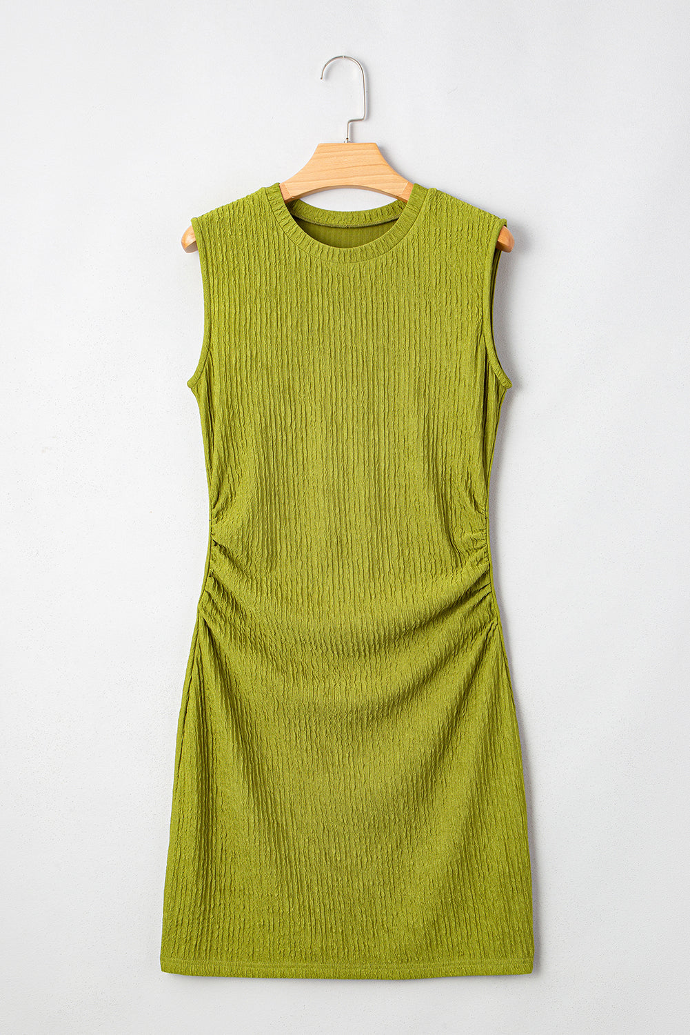 Spinach Green Solid Color Textured Ruched Side Bodycon Tank Dress