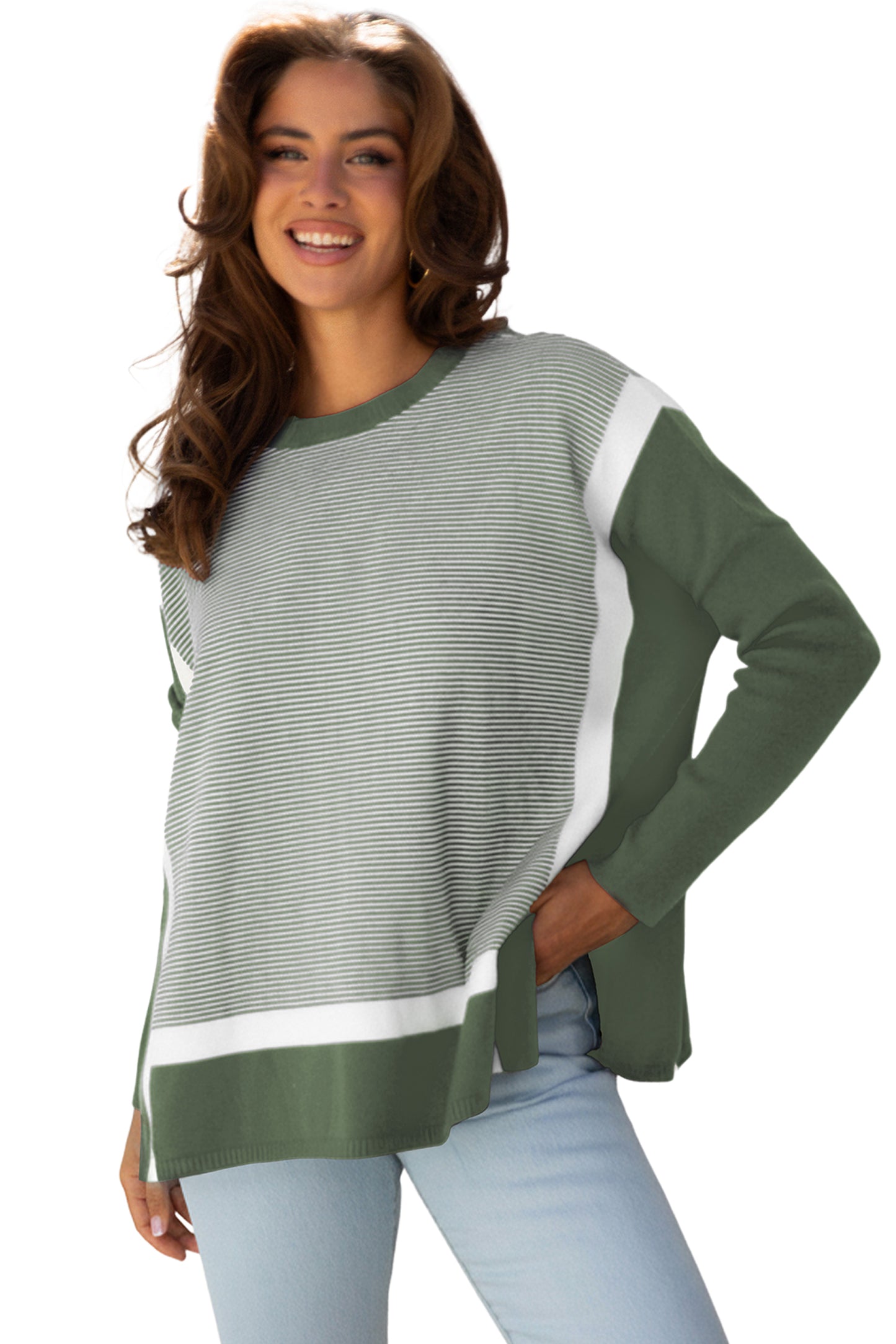Green Stripe Color Block Patchwork Dolman Oversize Tunic Sweater-Sweaters & Cardigans/Sweaters-[Adult]-[Female]-2022 Online Blue Zone Planet