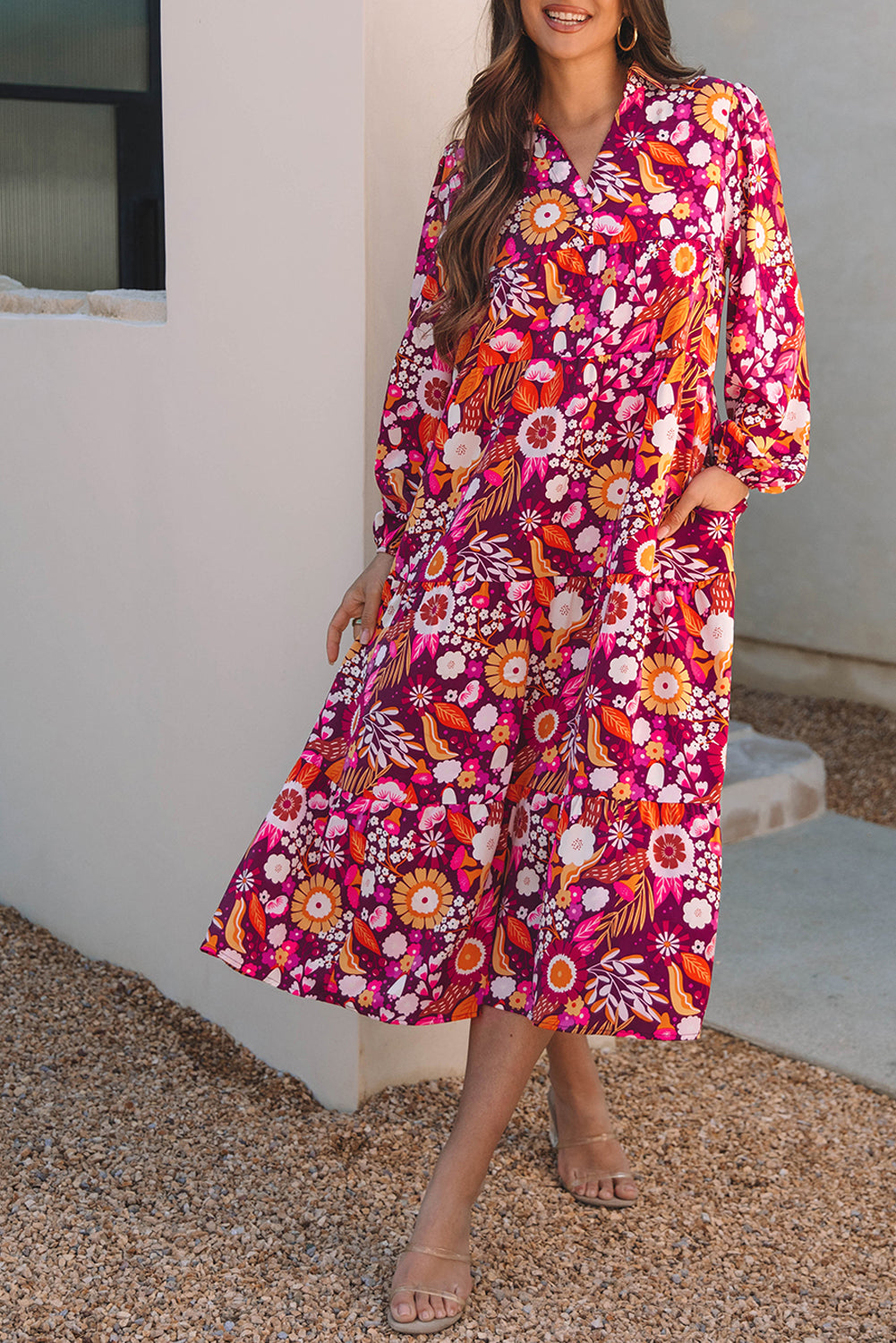 Blue Zone Planet | Purple Collared Tiered Flowy Long Dress-TOPS / DRESSES-[Adult]-[Female]-2022 Online Blue Zone Planet