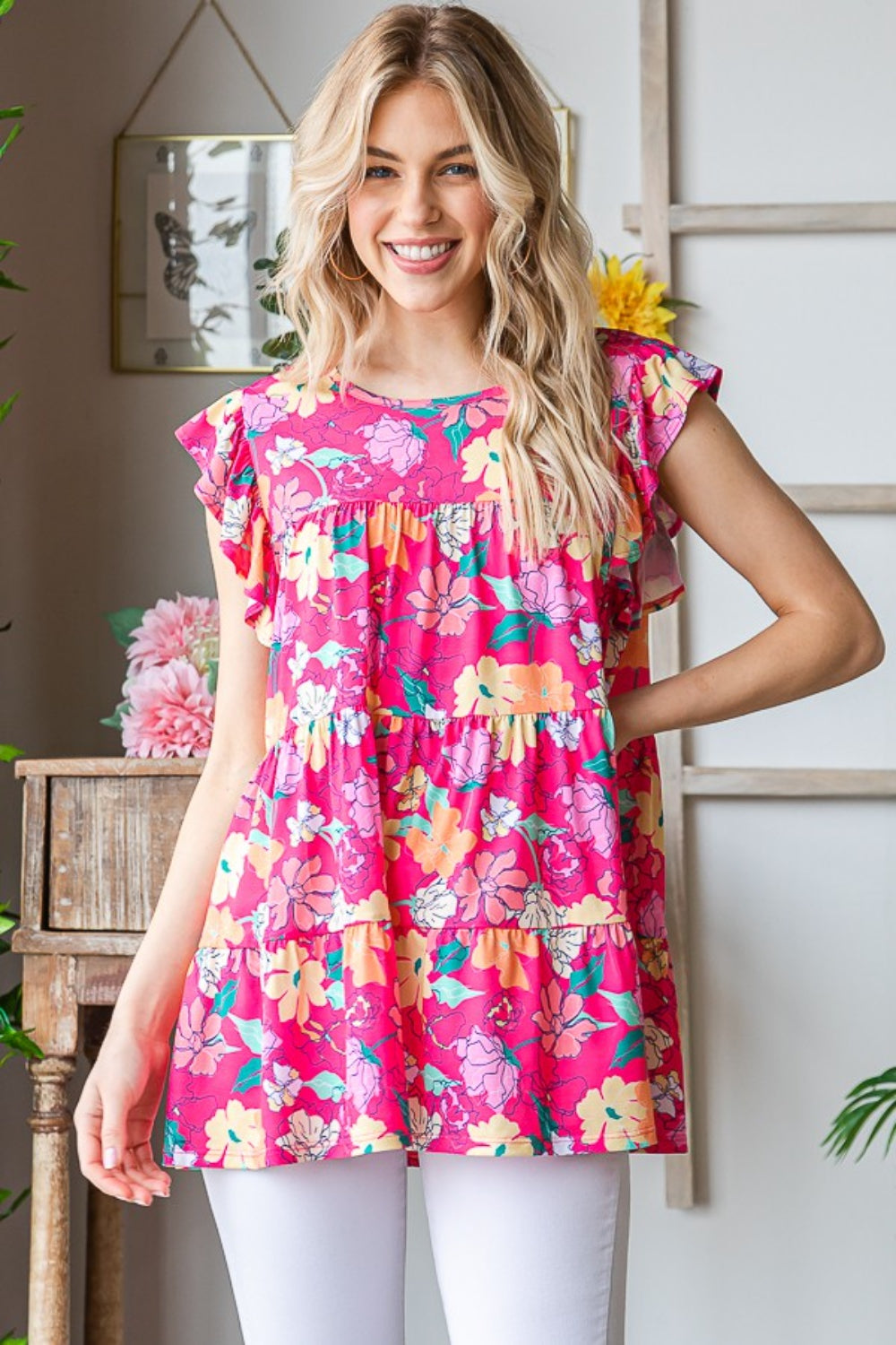 Blue Zone Planet | Heimish Full Size Floral Ruffle Sleeve Tiered Blouse-TOPS / DRESSES-[Adult]-[Female]-Fuchsia Multi-S-2022 Online Blue Zone Planet