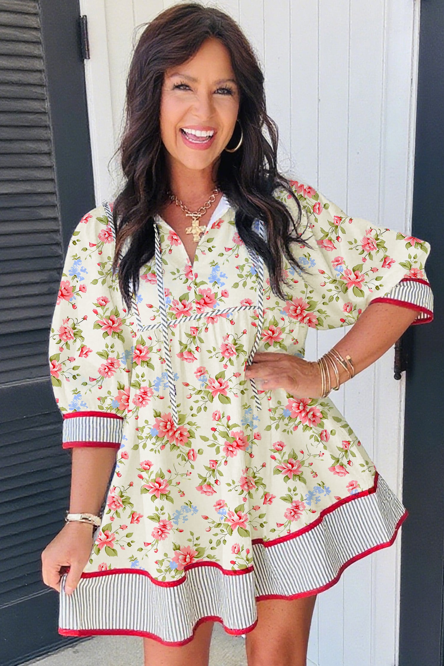 Apricot Striped Edge 3/4 Puff Sleeve Floral Dress-Dresses/Floral Dresses-[Adult]-[Female]-2022 Online Blue Zone Planet