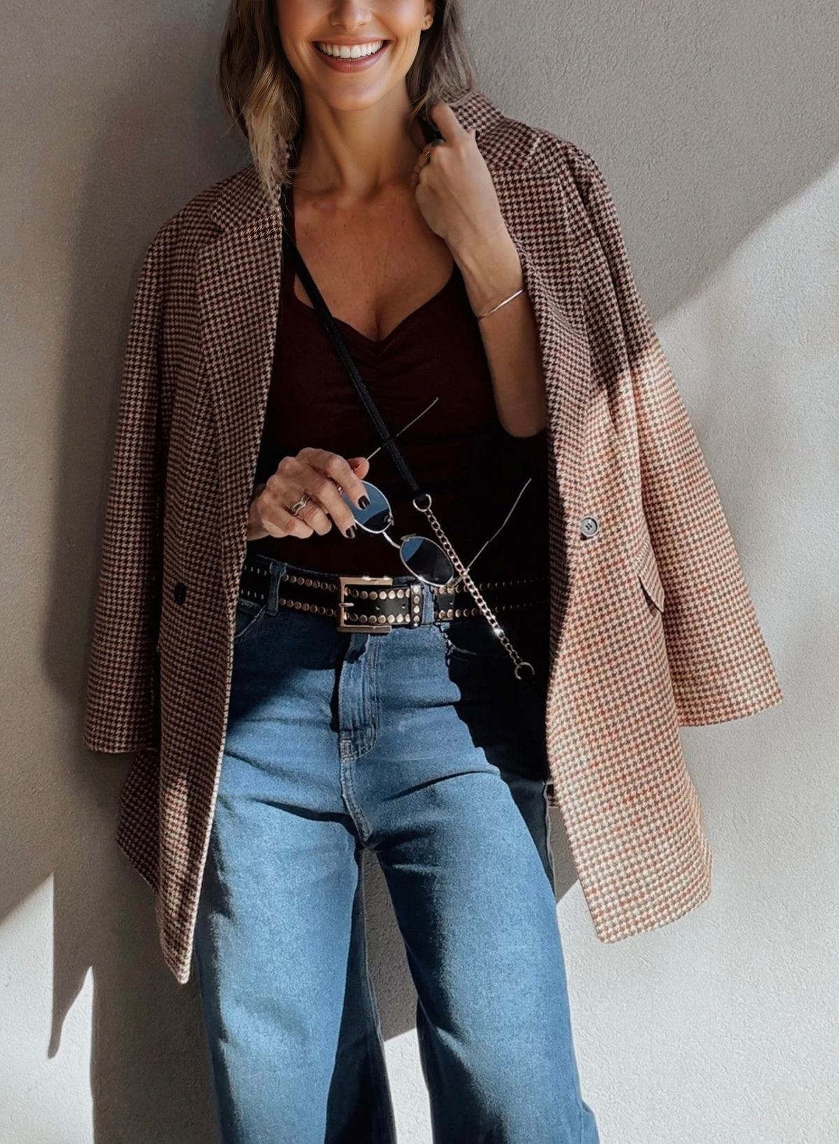 Brown Houndstooth Lapel Collar Blazer-Outerwear/Blazers-[Adult]-[Female]-2022 Online Blue Zone Planet