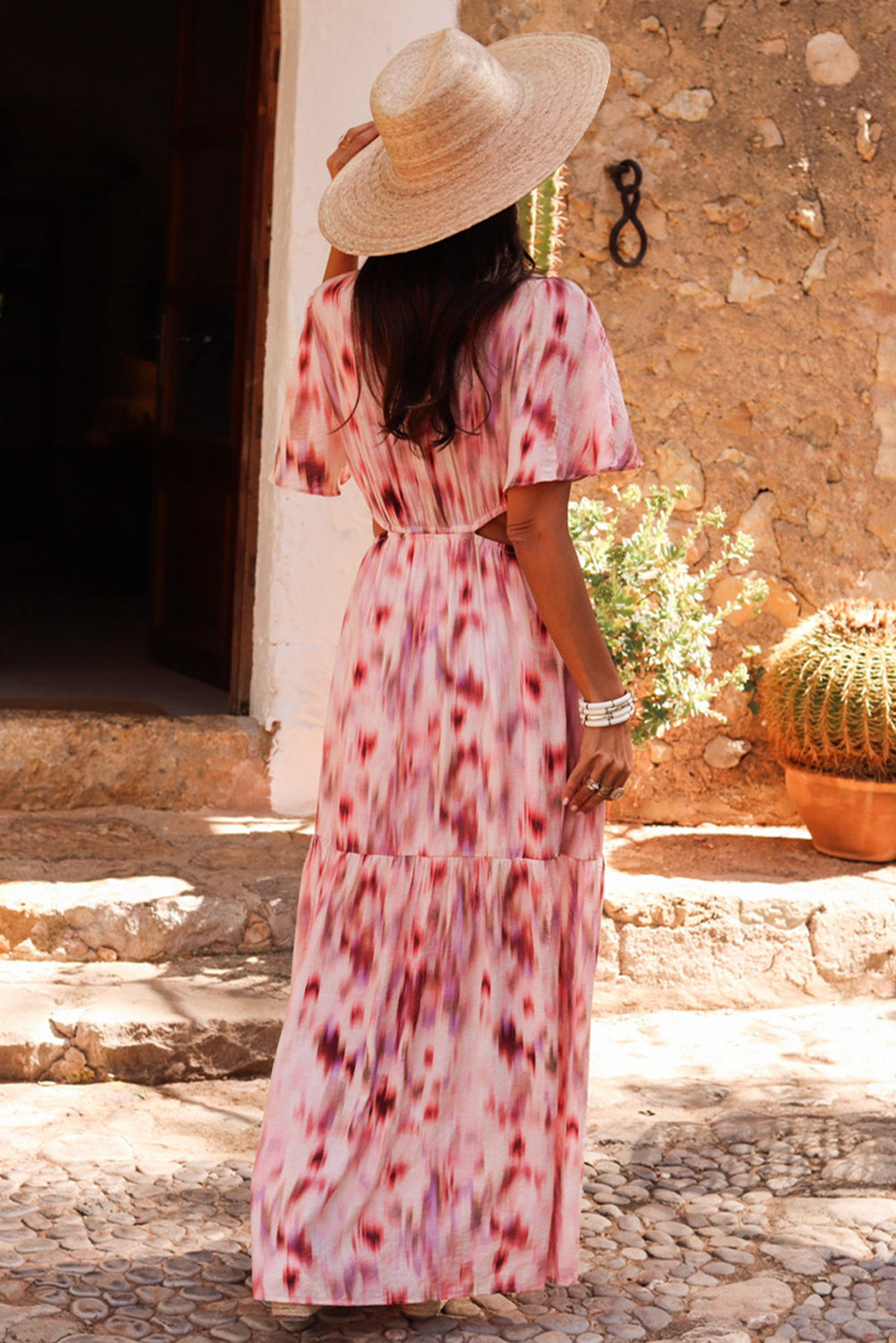 Pink Abstract Printed Flutter Sleeve Daring Cutout Long Dress-TOPS / DRESSES-[Adult]-[Female]-2022 Online Blue Zone Planet