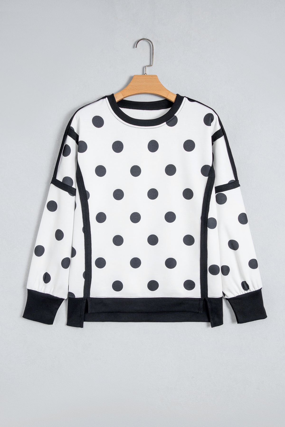 White Polka Dot Contrast Patchwork Round Neck Baggy Sweatshirt-Tops/Sweatshirts & Hoodies-[Adult]-[Female]-2022 Online Blue Zone Planet
