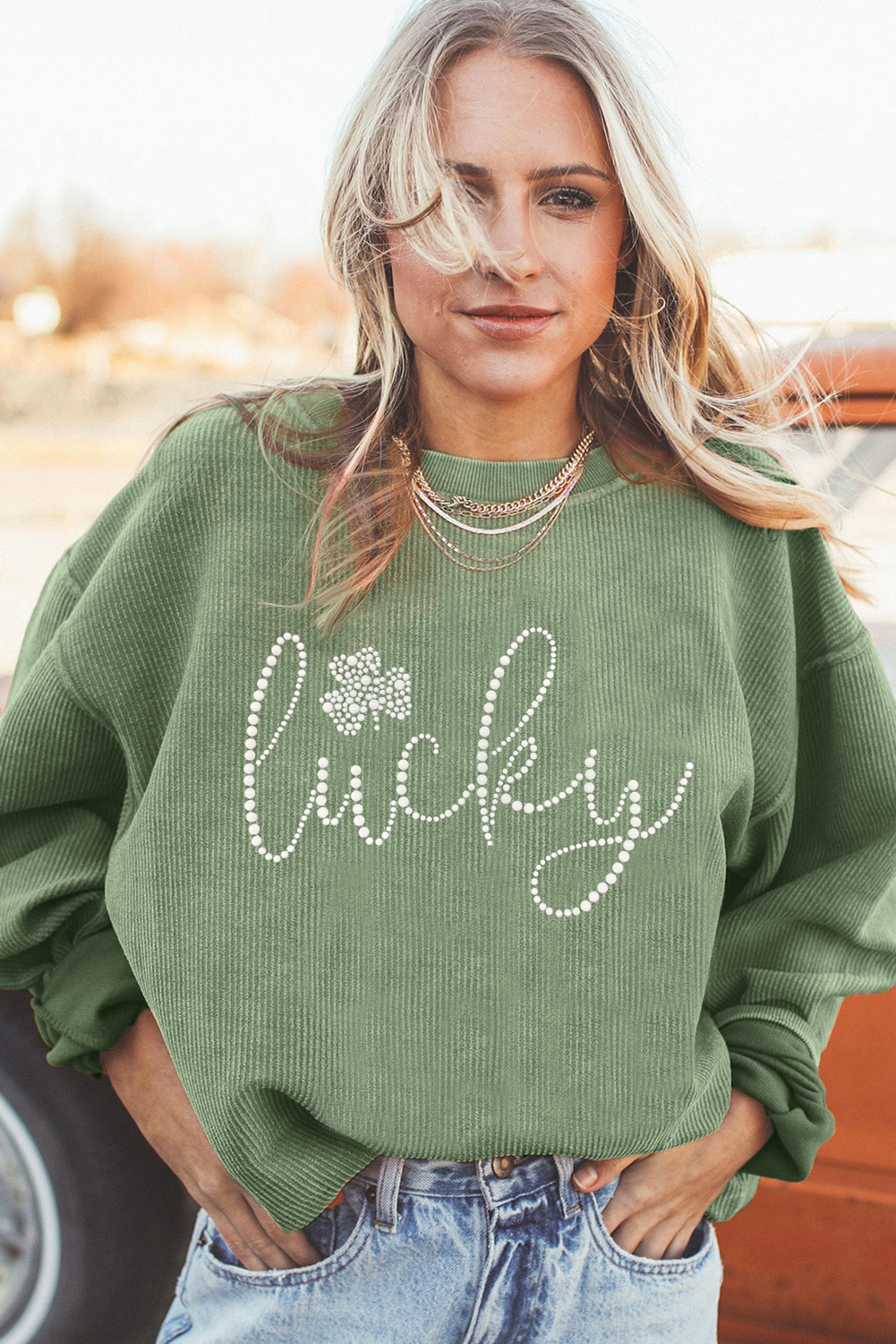 Grass Green Rhinestone lucky Clover Graphic Ribbed St Patrick Sweatshirt-Graphic Sweatshirts-[Adult]-[Female]-2022 Online Blue Zone Planet