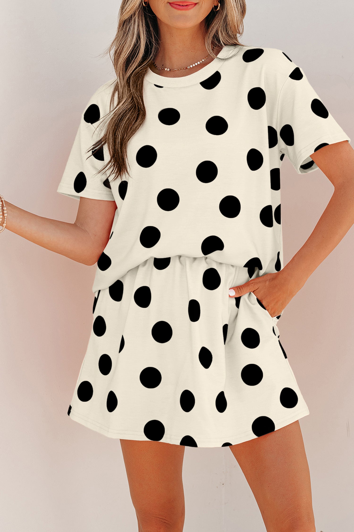 White Polka Dot Short Sleeve Top Casual Skort 2pcs Outfit-Two Piece Sets/Two Piece Dresses-[Adult]-[Female]-2022 Online Blue Zone Planet