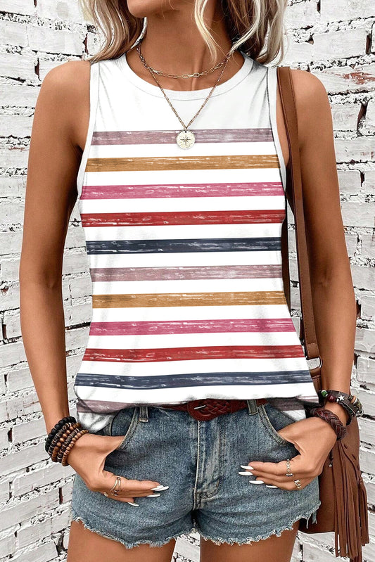 Red Stripe Rainbow Round Neck Tank Top-Tops/Tank Tops-[Adult]-[Female]-Red Stripe-S-2022 Online Blue Zone Planet