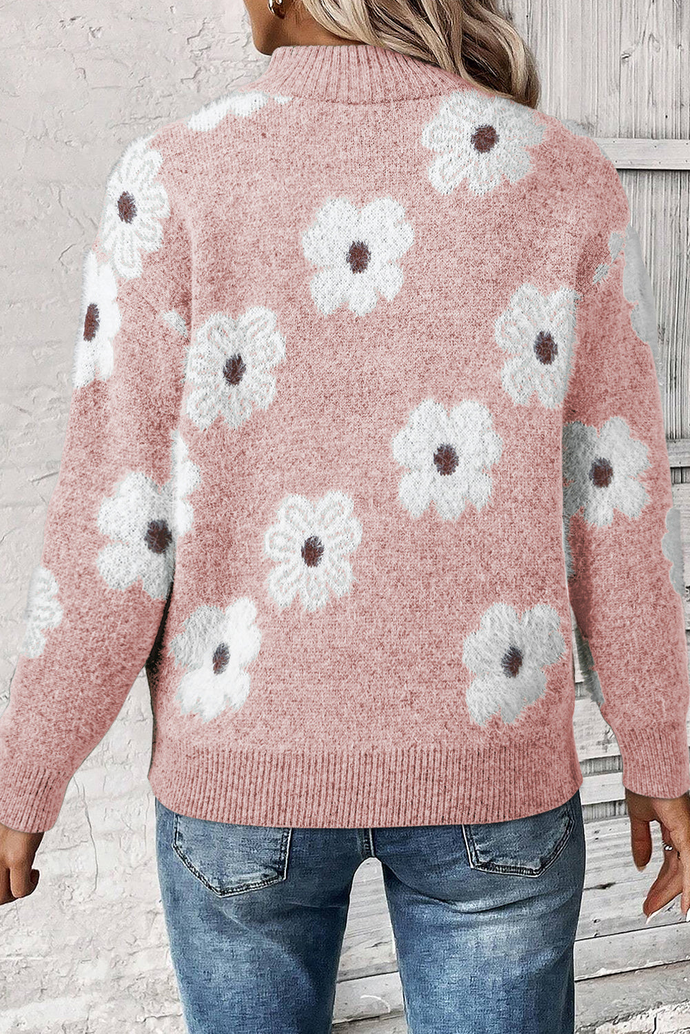 Pink Vintage 60s Floral Pattern Half Zip Collar Drop Shoulder Sweater-Sweaters-[Adult]-[Female]-2022 Online Blue Zone Planet