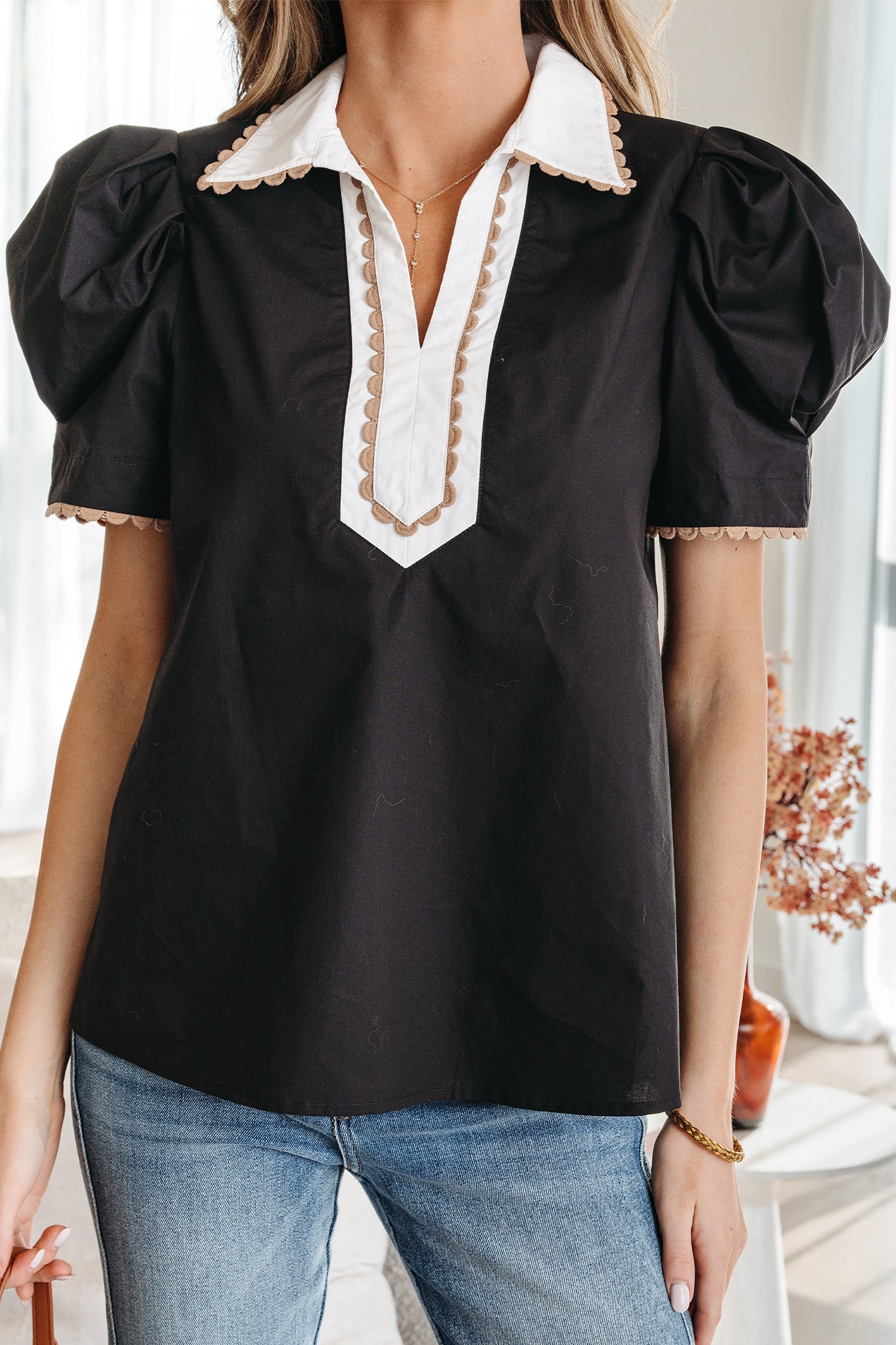 Black Ricrac Trim Color Block Patchwork Shirt Collar Short Sleeve Blouse-Tops/Blouses & Shirts-[Adult]-[Female]-2022 Online Blue Zone Planet
