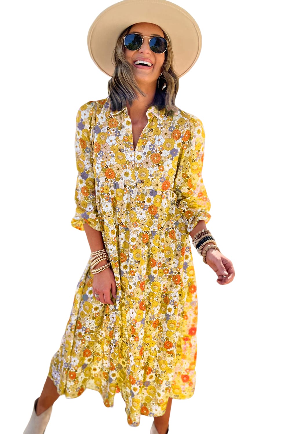 Blue Zone Planet | Multicolor Boho Floral Collared Long Sleeve Ruffled Dress-TOPS / DRESSES-[Adult]-[Female]-2022 Online Blue Zone Planet