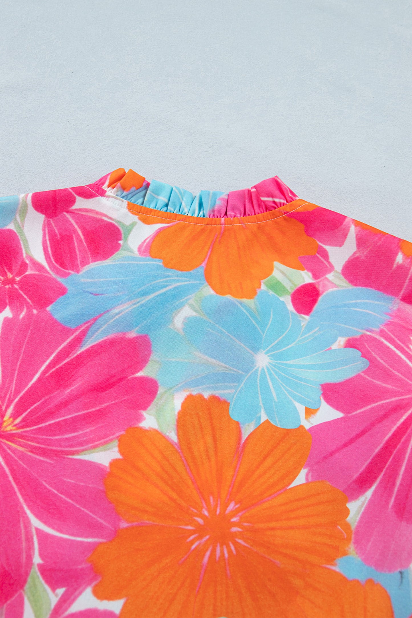 Multicolour Vibrant Flower Printed Tie V Neck Ruffle Trim Sleeveless Blouse-Tops/Blouses & Shirts-[Adult]-[Female]-2022 Online Blue Zone Planet