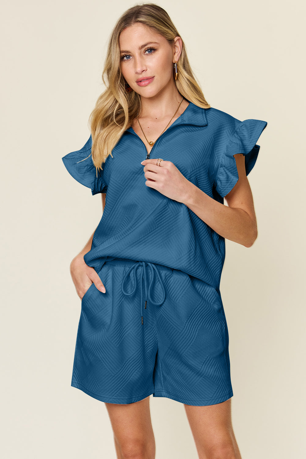 Blue Zone Planet | Double Take Full Size Texture Flounce Sleeve Top and Drawstring Shorts Set-TOPS / DRESSES-[Adult]-[Female]-French Blue-S-2022 Online Blue Zone Planet