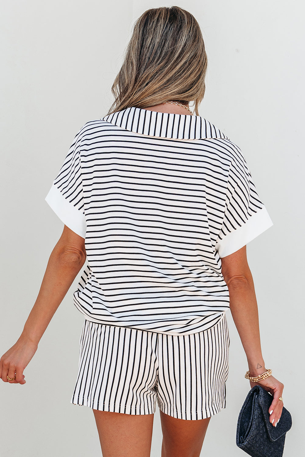 Black Stripe V Neck Tee and Casual Short Set-Two Piece Sets/Short Sets-[Adult]-[Female]-2022 Online Blue Zone Planet