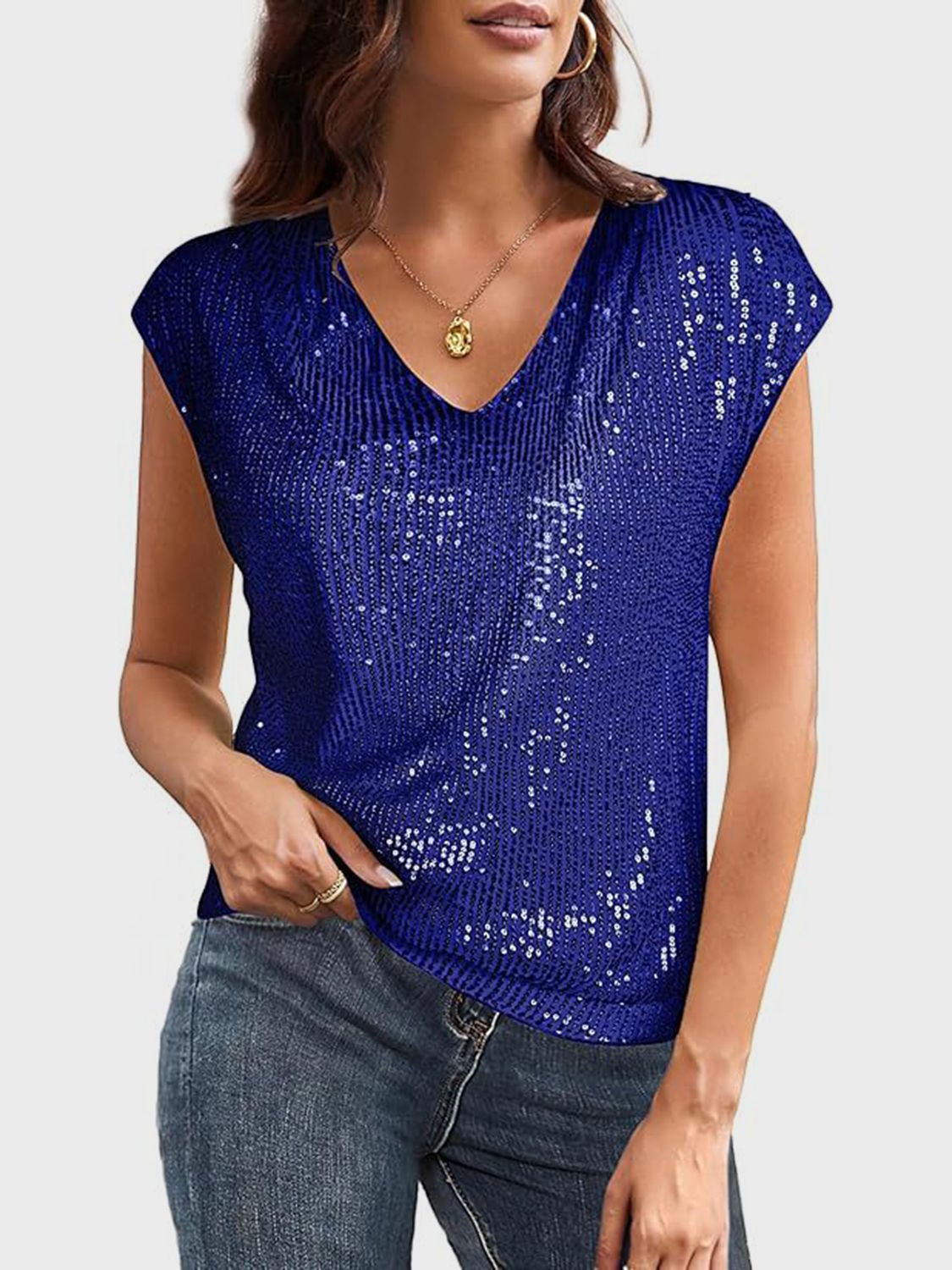 Sequin V-Neck Cap Sleeve Top-TOPS / DRESSES-[Adult]-[Female]-Royal Blue-S-2022 Online Blue Zone Planet