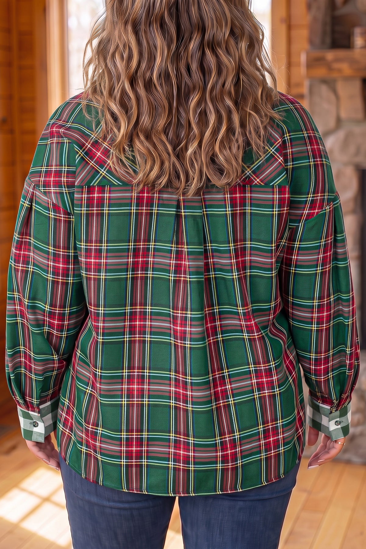 Green Plaid Long Sleeve Shift Plus Size Shirt