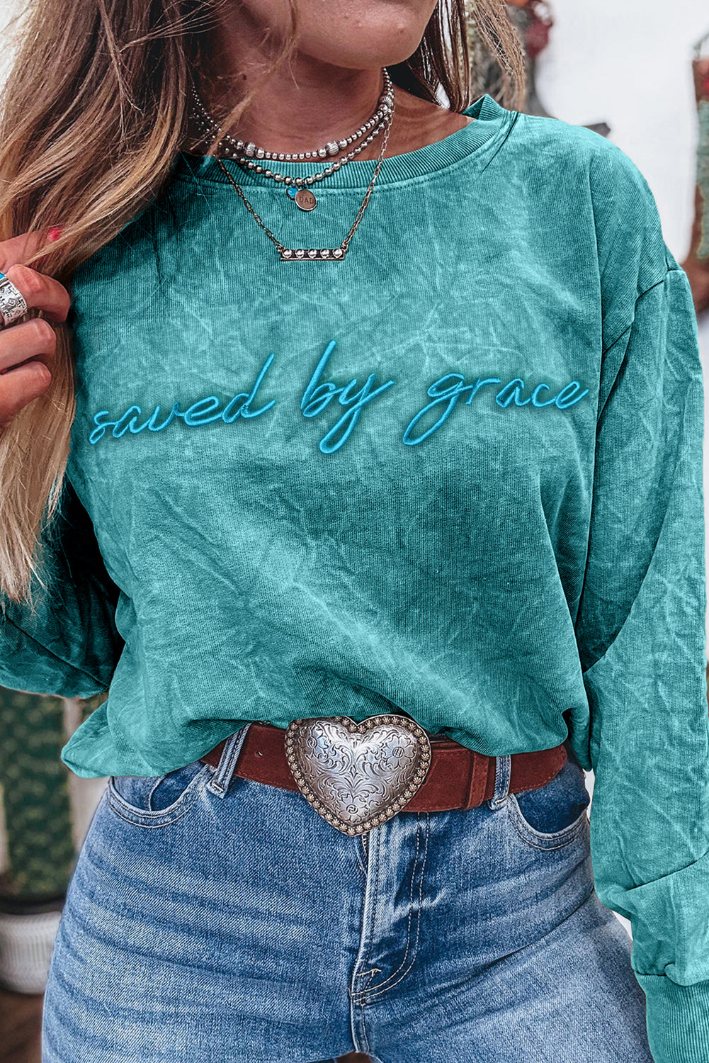 High-Rise Saved By Grace Letter Embroidery Mineral Wash Loose Sweatshirt-Tops/Sweatshirts & Hoodies-[Adult]-[Female]-2022 Online Blue Zone Planet