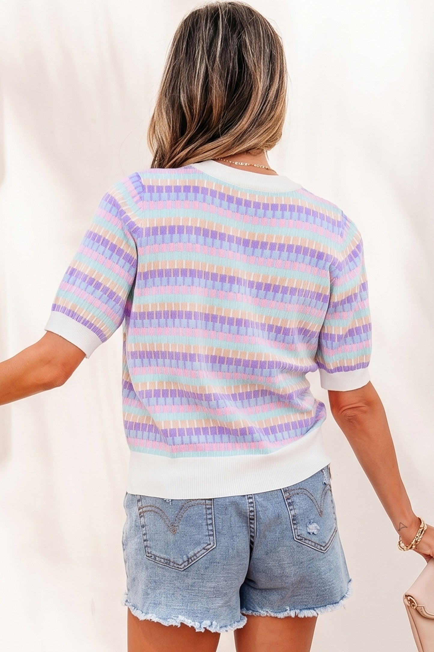 Orange Abstract Striped Knit Short Sleeve Sweater-Sweaters & Cardigans/Short Sleeve Sweaters-[Adult]-[Female]-2022 Online Blue Zone Planet