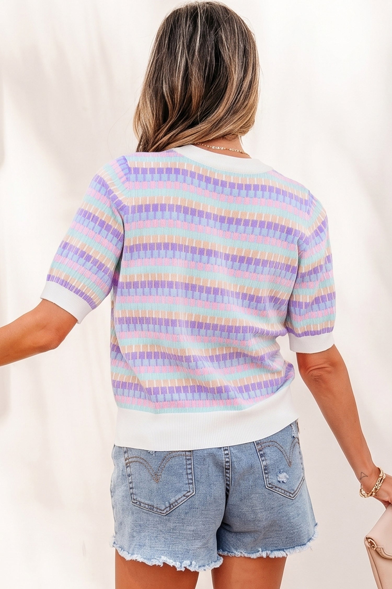Orange Abstract Striped Knit Short Sleeve Sweater-Sweaters & Cardigans/Short Sleeve Sweaters-[Adult]-[Female]-2022 Online Blue Zone Planet