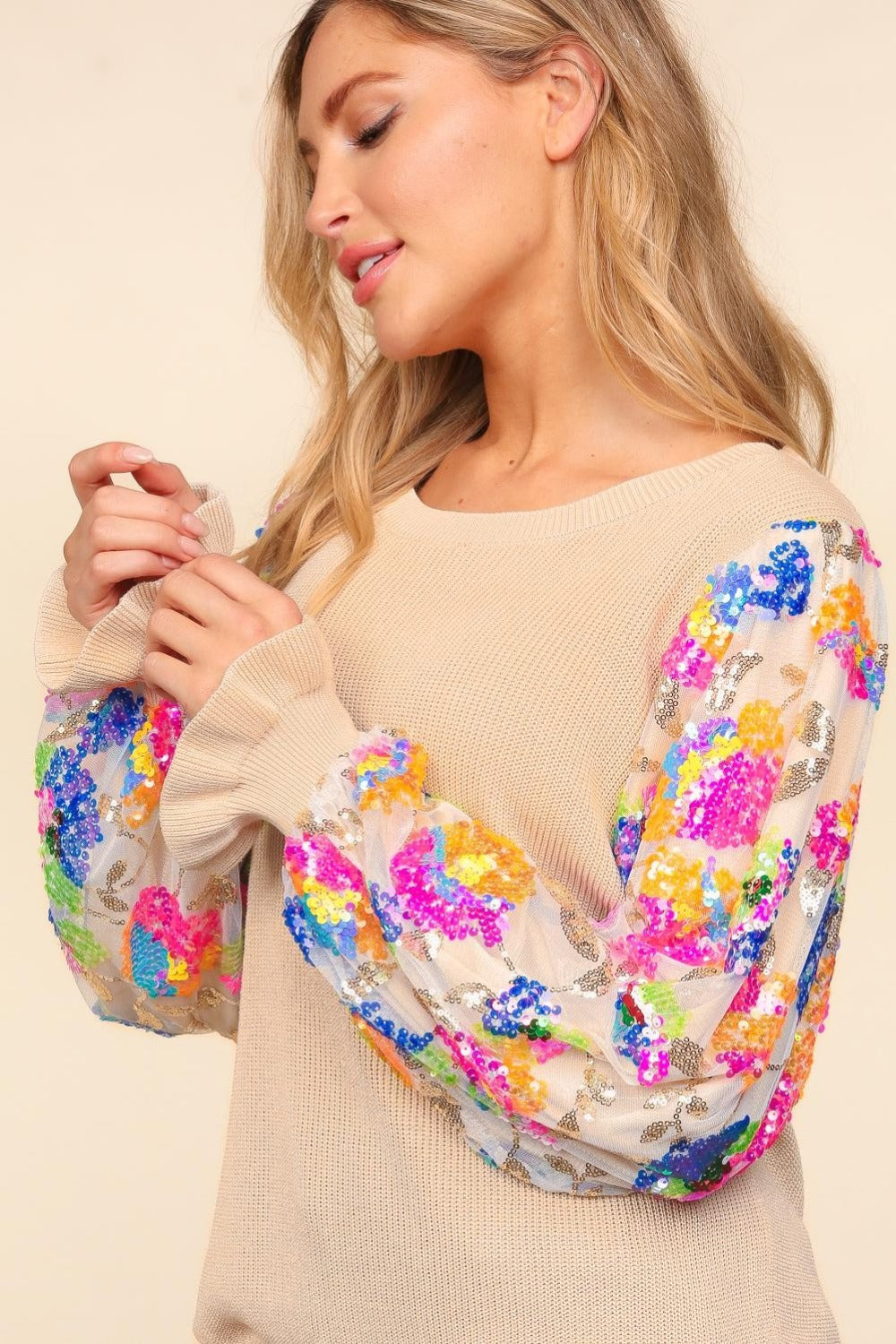 Haptics Floral Sequins Mesh Flounce Sleeve Sweater-TOPS / DRESSES-[Adult]-[Female]-2022 Online Blue Zone Planet