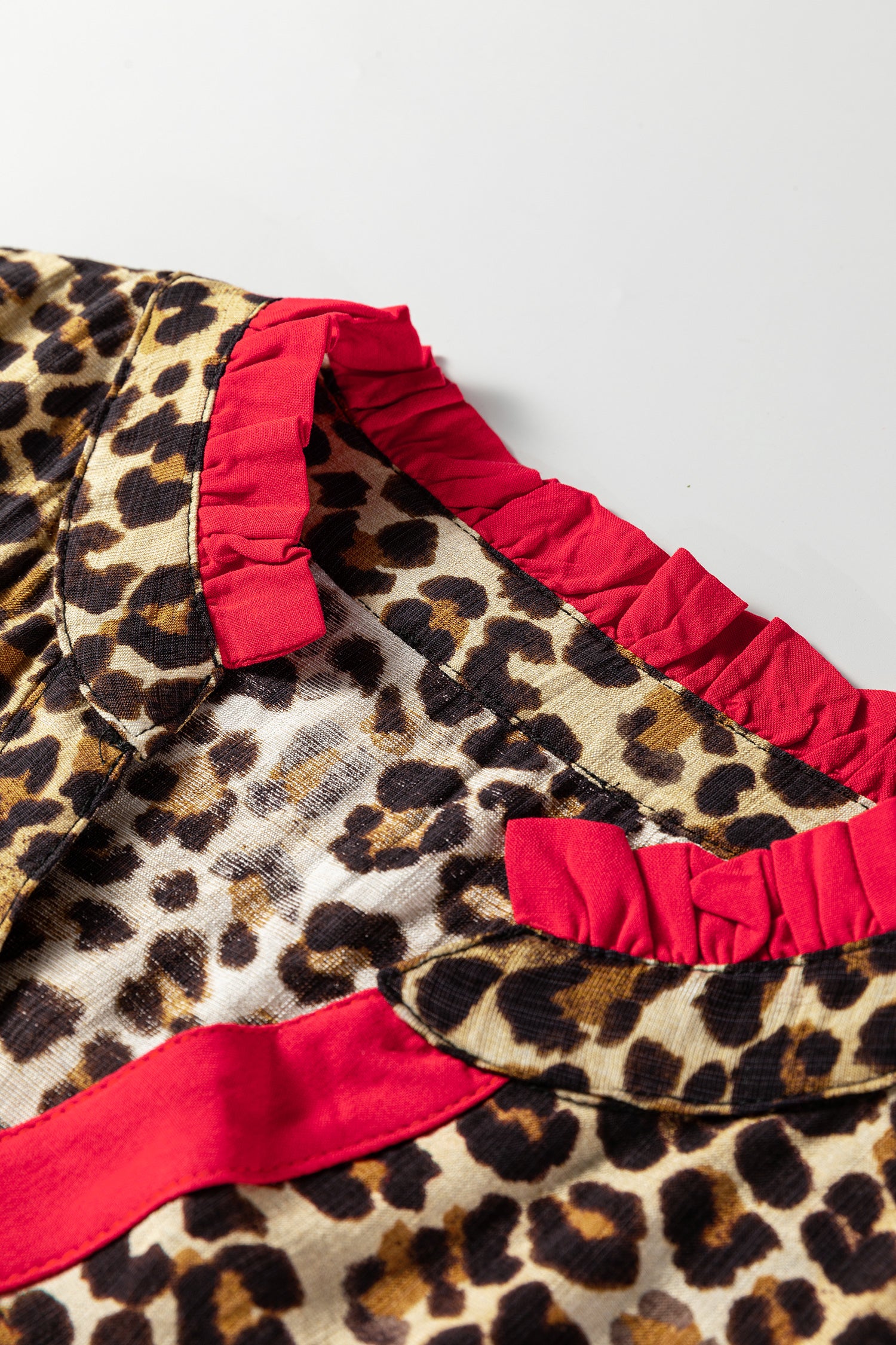 Brown Fierce Leopard Allure Contrast Ruffle Trim V Neck Shirt-Tops/Blouses & Shirts-[Adult]-[Female]-2022 Online Blue Zone Planet