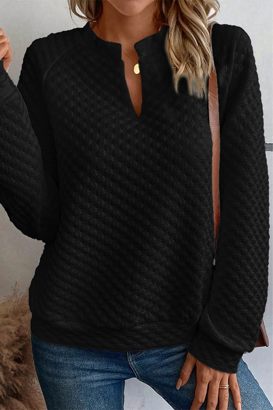 Black Split Neck Quilted Long Sleeve Top-Tops/Long Sleeve Tops-[Adult]-[Female]-Black-S-2022 Online Blue Zone Planet