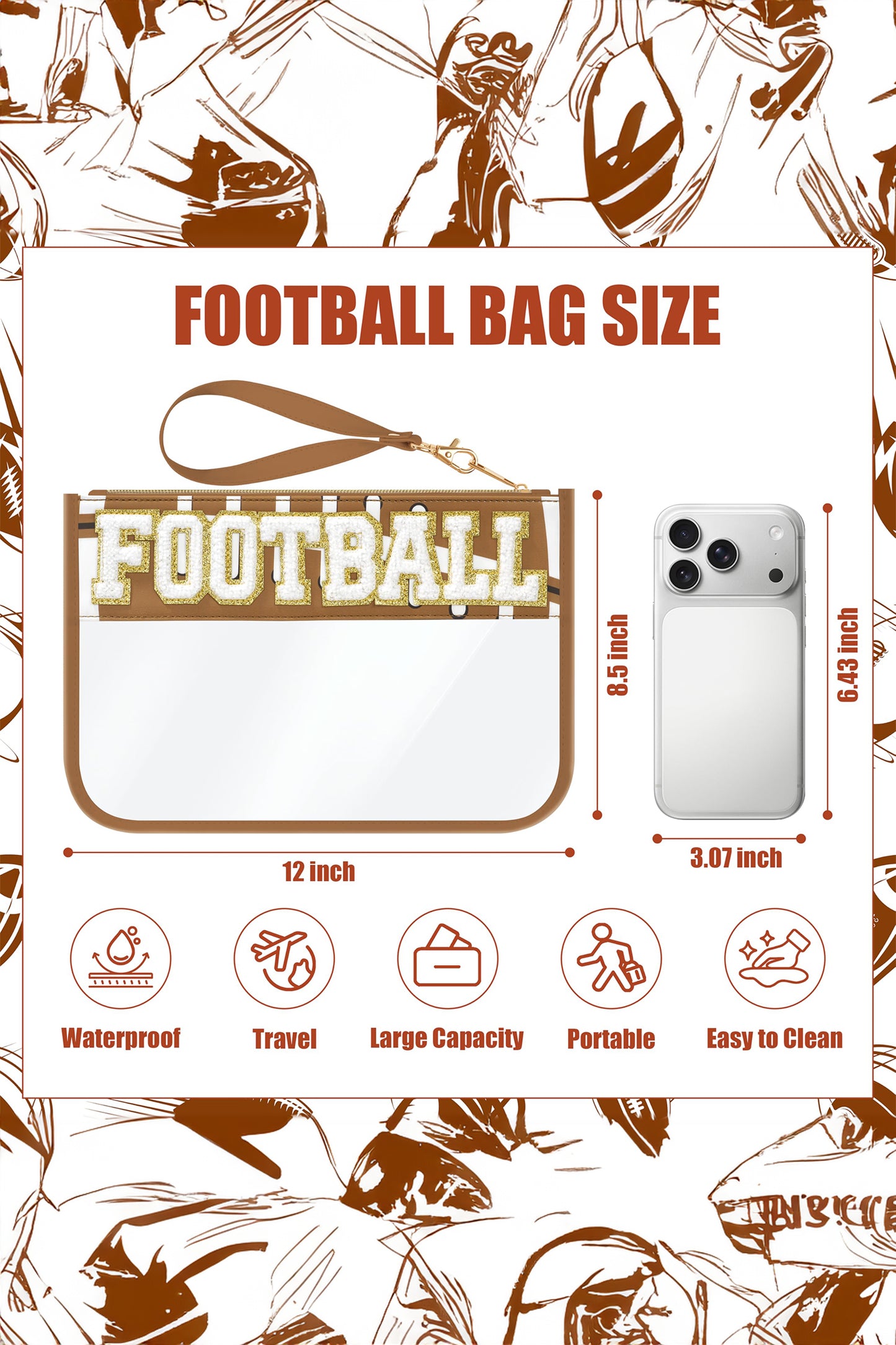 White BASEBALL Chenille Letter Patch Game Day Stadium Clear PVC Cosmetic Bag