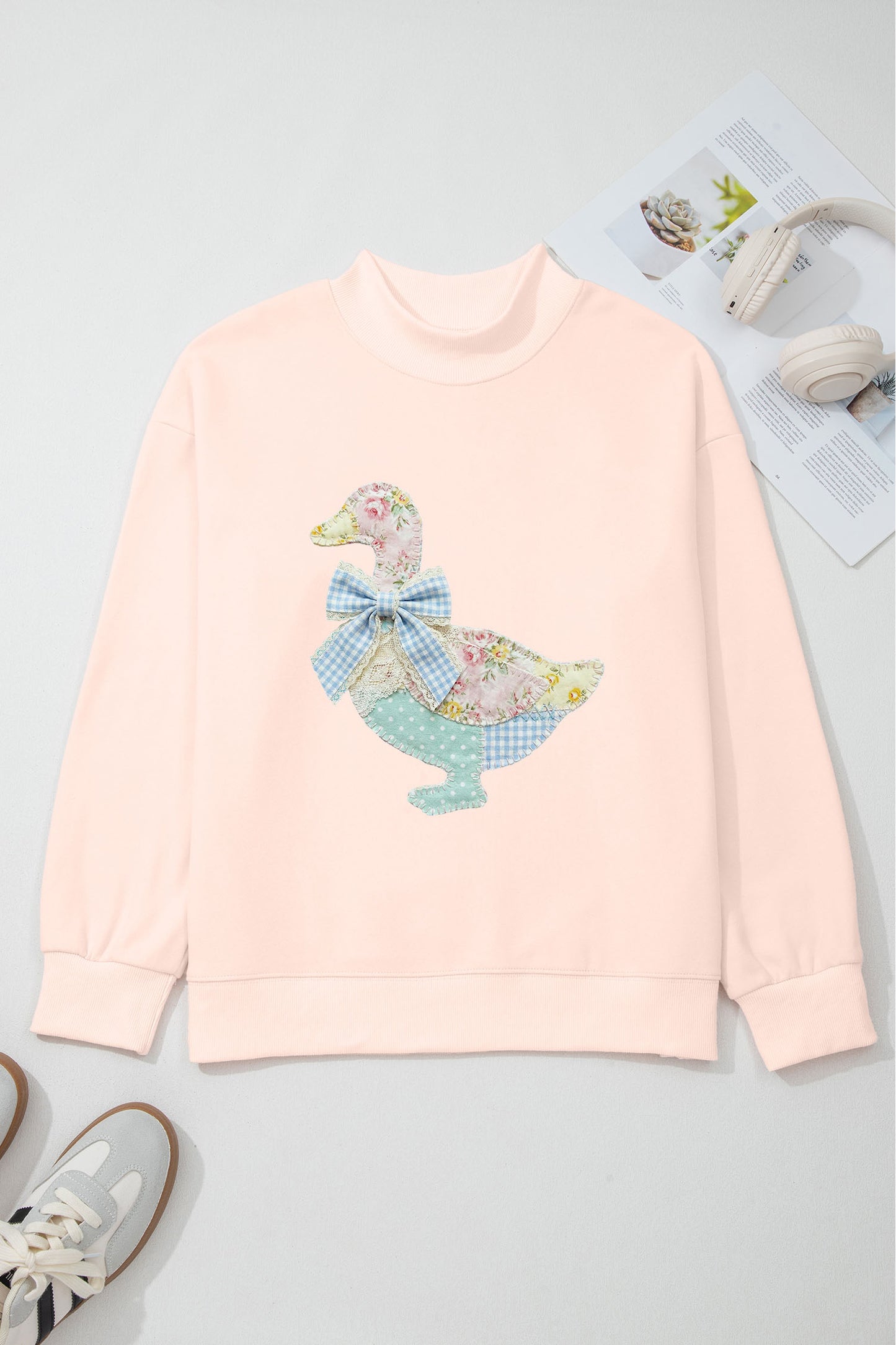 Apricot Pink Bow Knot Duck Faux Patchwork Printed Mock Neck Sweatshirt-Graphic/Graphic Sweatshirts-[Adult]-[Female]-2022 Online Blue Zone Planet
