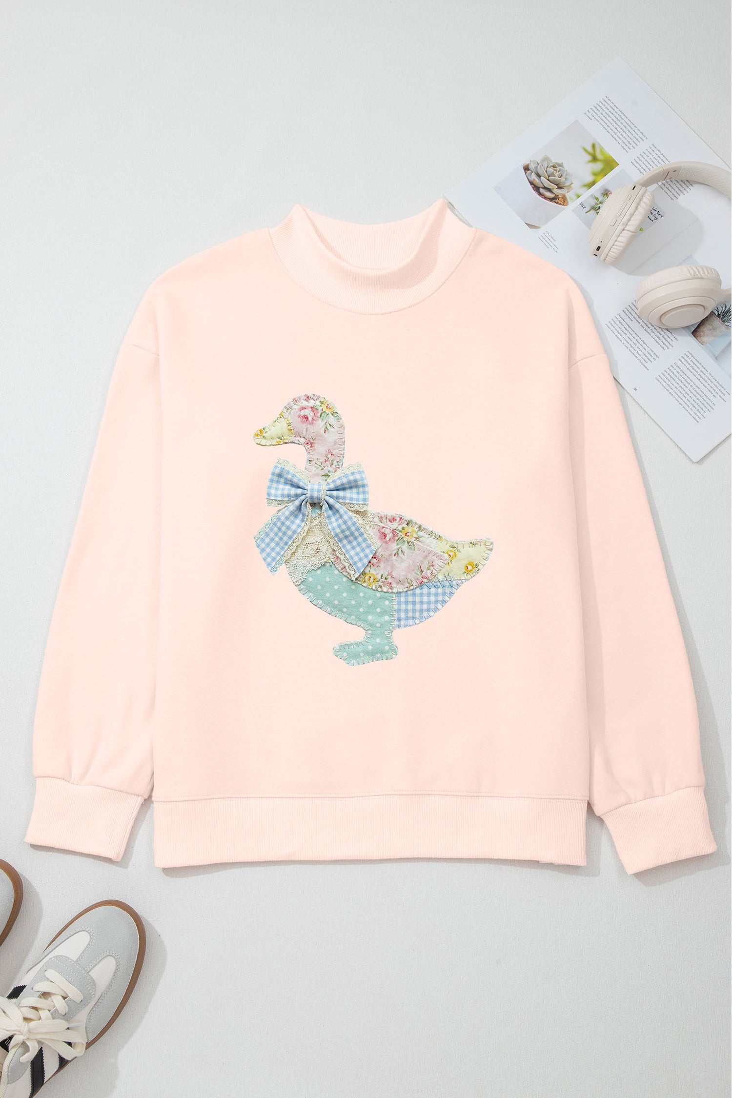 Apricot Pink Bow Knot Duck Faux Patchwork Printed Mock Neck Sweatshirt-Graphic/Graphic Sweatshirts-[Adult]-[Female]-2022 Online Blue Zone Planet