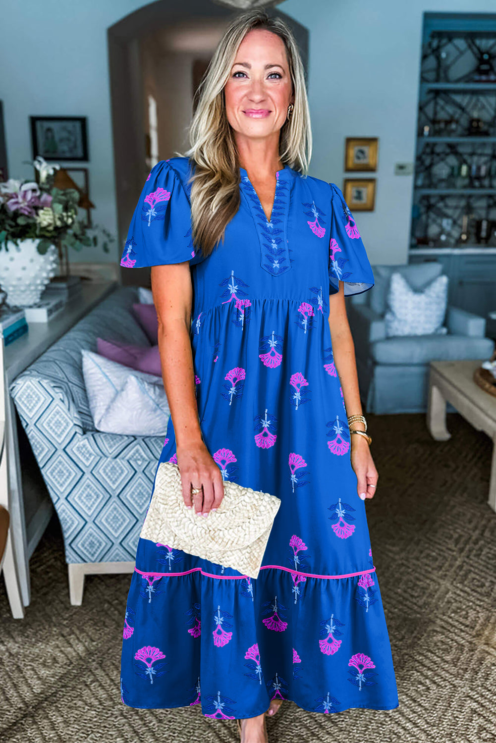 Blue Floral Print Notched Neck Butterfly Sleeve Shift Long Dress-TOPS / DRESSES-[Adult]-[Female]-2022 Online Blue Zone Planet