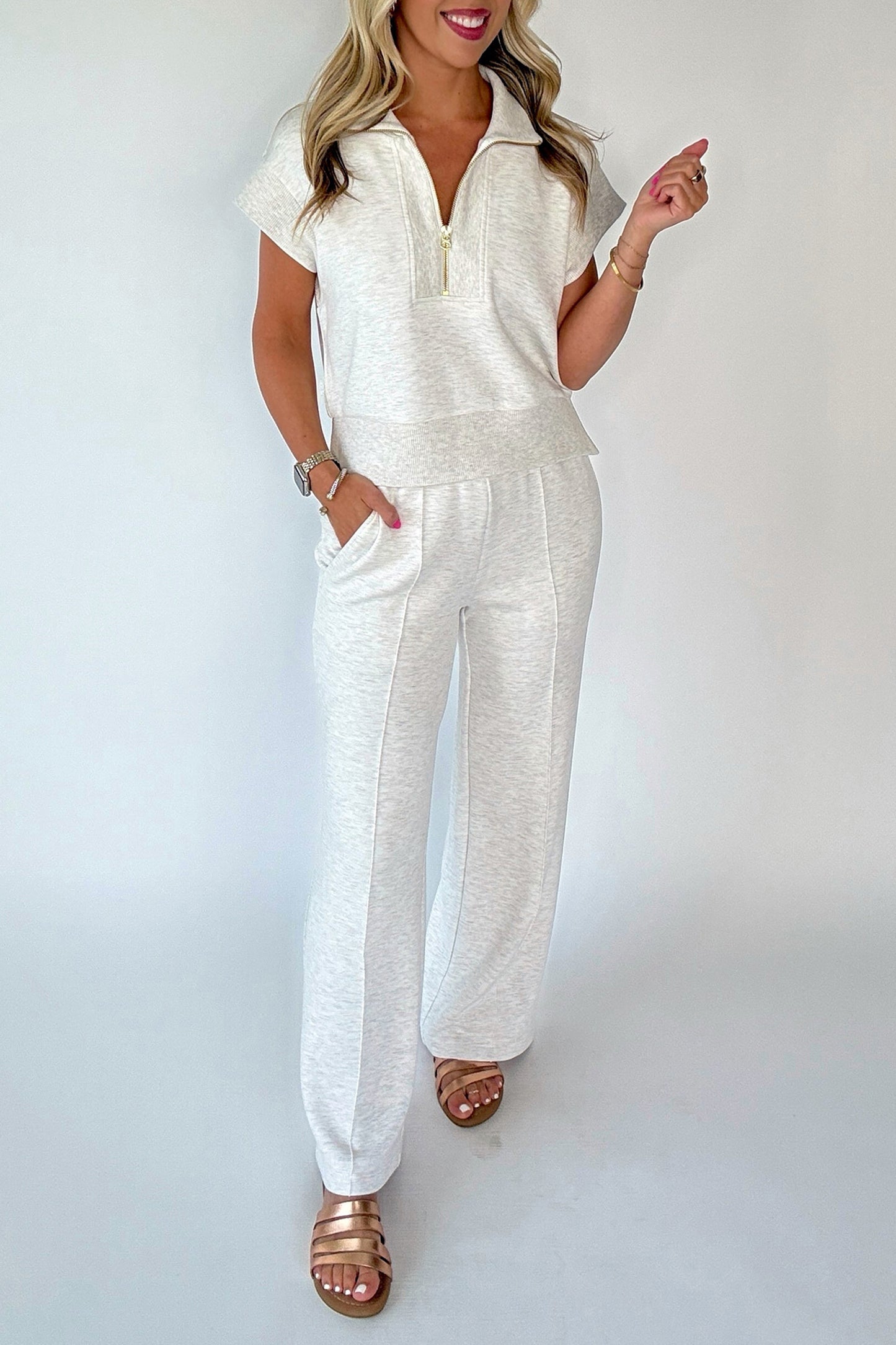 Light Grey Half Zip Polo Tee Casual Pant Set-Two Piece Sets/Pant Sets-[Adult]-[Female]-2022 Online Blue Zone Planet