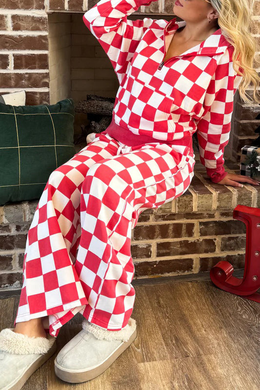 Red Checkered Print Half Zip Hoodie Loose Pant Set-Two Piece Sets/Pant Sets-[Adult]-[Female]-Red-S-2022 Online Blue Zone Planet