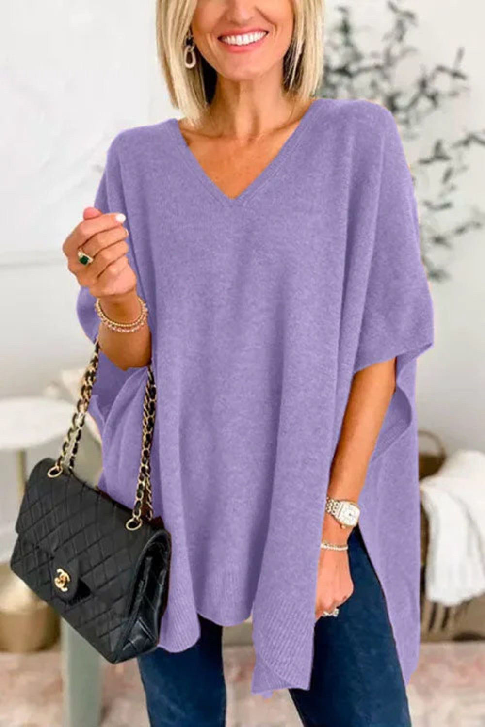 Slit V-Neck Half Sleeve Knit Top-TOPS / DRESSES-[Adult]-[Female]-Lavender-S-2022 Online Blue Zone Planet