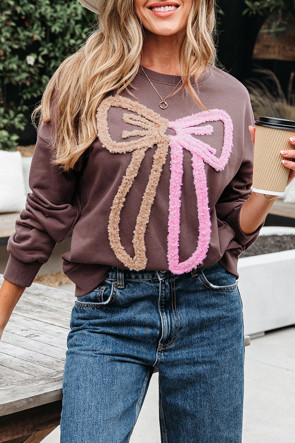 Dark Khaki Contrast Terry Bow Pattern Drop Shoulder Sweatshirt-Tops/Sweatshirts & Hoodies-[Adult]-[Female]-2022 Online Blue Zone Planet