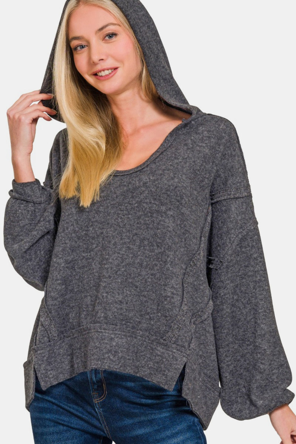 Blue Zone Planet | Zenana Brushed Hacci Exposed Seam Hoodie-TOPS / DRESSES-[Adult]-[Female]-2022 Online Blue Zone Planet