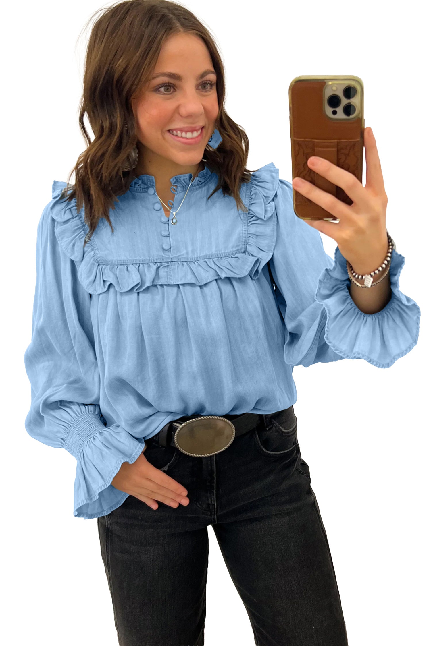 Beau Blue Western Ruffle V Neck Long Sleeve Chambray Blouse-Tops/Blouses & Shirts-[Adult]-[Female]-2022 Online Blue Zone Planet