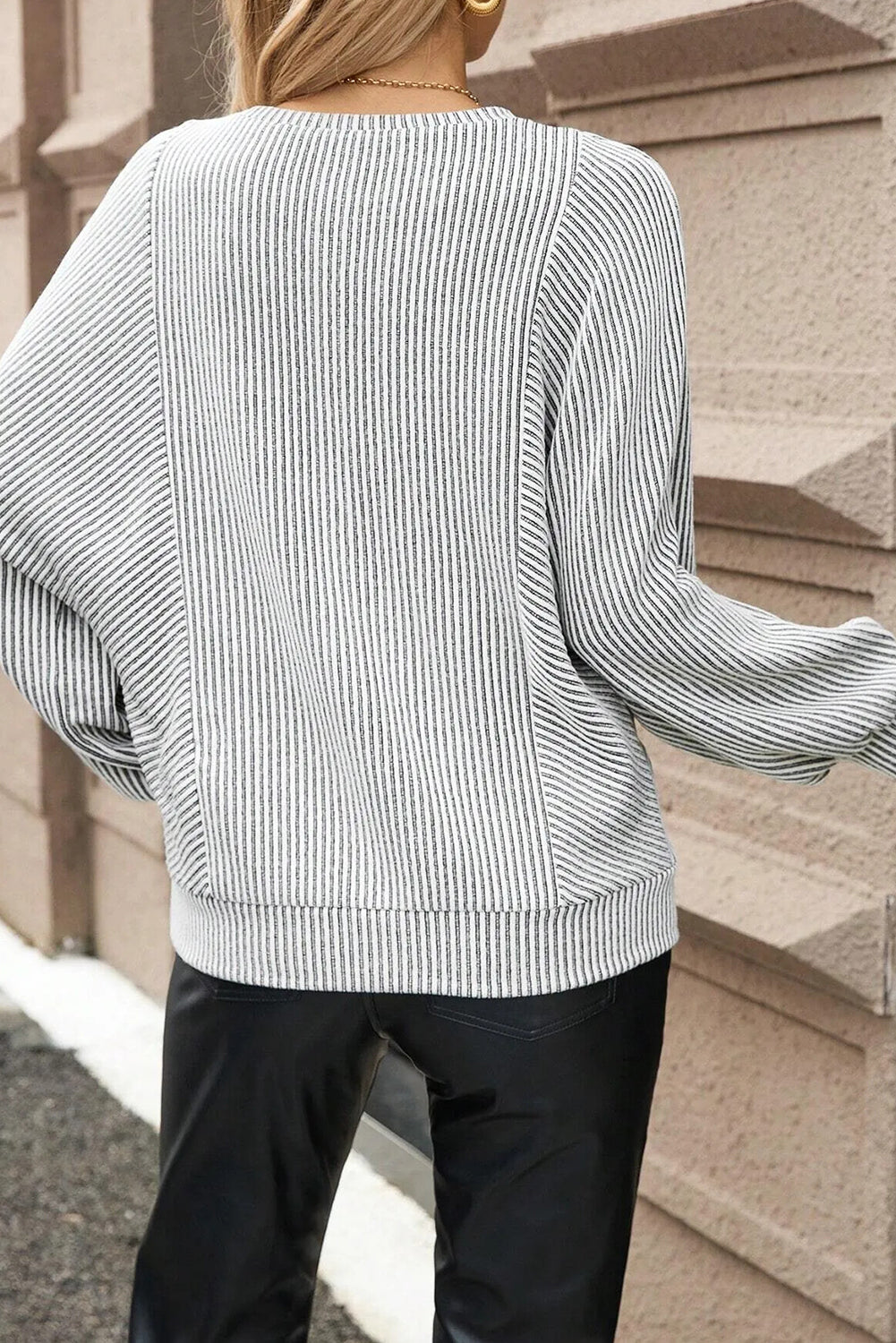 Gray Ribbed Knit Round Neck Long Lantern Sleeve Top-Tops/Long Sleeve Tops-[Adult]-[Female]-2022 Online Blue Zone Planet